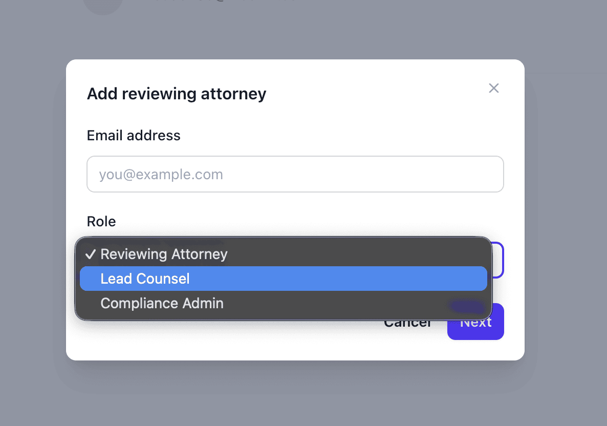 Add reviewing attorney dialog with role selection