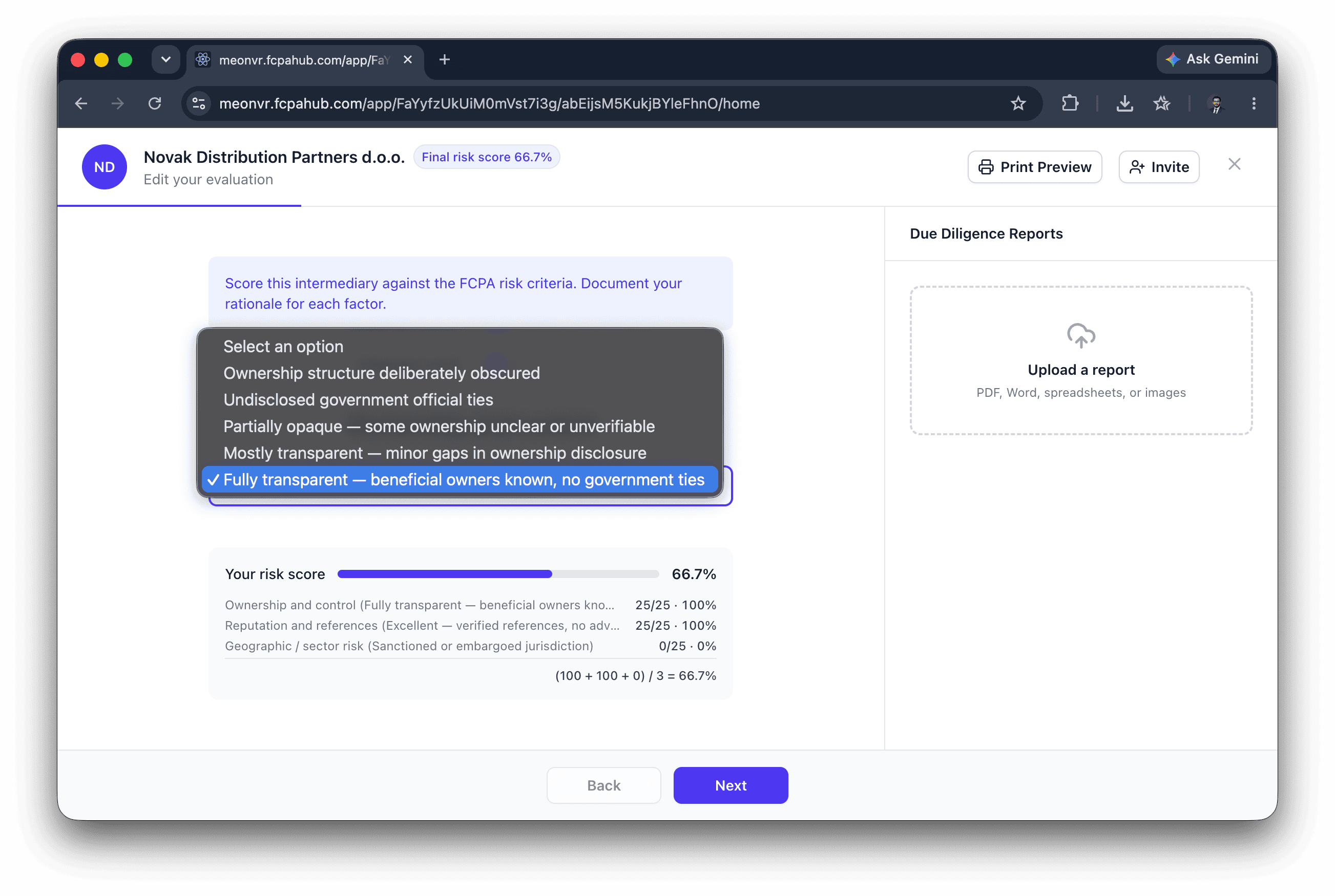 Evaluation screen scoring an intermediary against a risk criterion, with the weighted score updating live